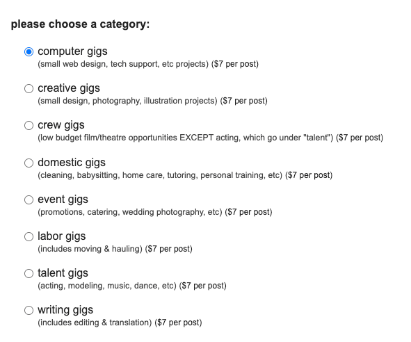 Snippet of Craigslist post experience with radio buttons for user to select a job category: computer gigs, creative gigs, crew gigs, domestic gigs, event gigs, labor gigs, talent gigs, or writing gigs.